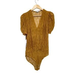 Haute‎ Monde Mustard Yellow Lace Puff Sleeve Surplice Bodysuit HMT55159 New